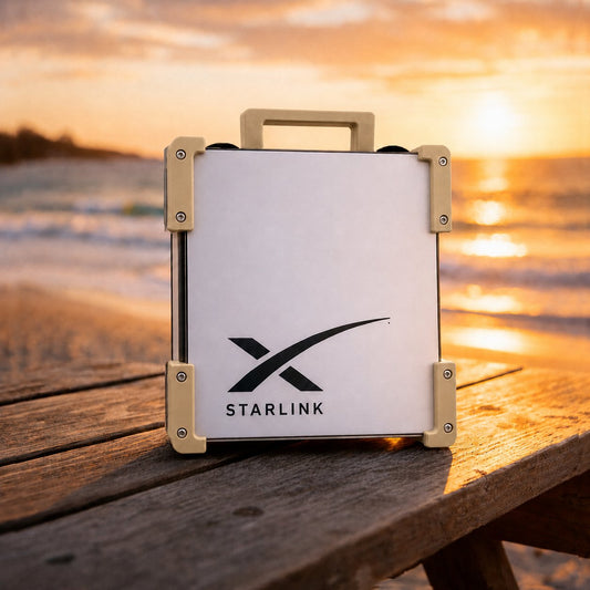 Sandcruiser Starlink Mini Magnetic Mount on timber table at Australian beach sunset - portable satellite dish carry frame by Dishy Mini Mounts