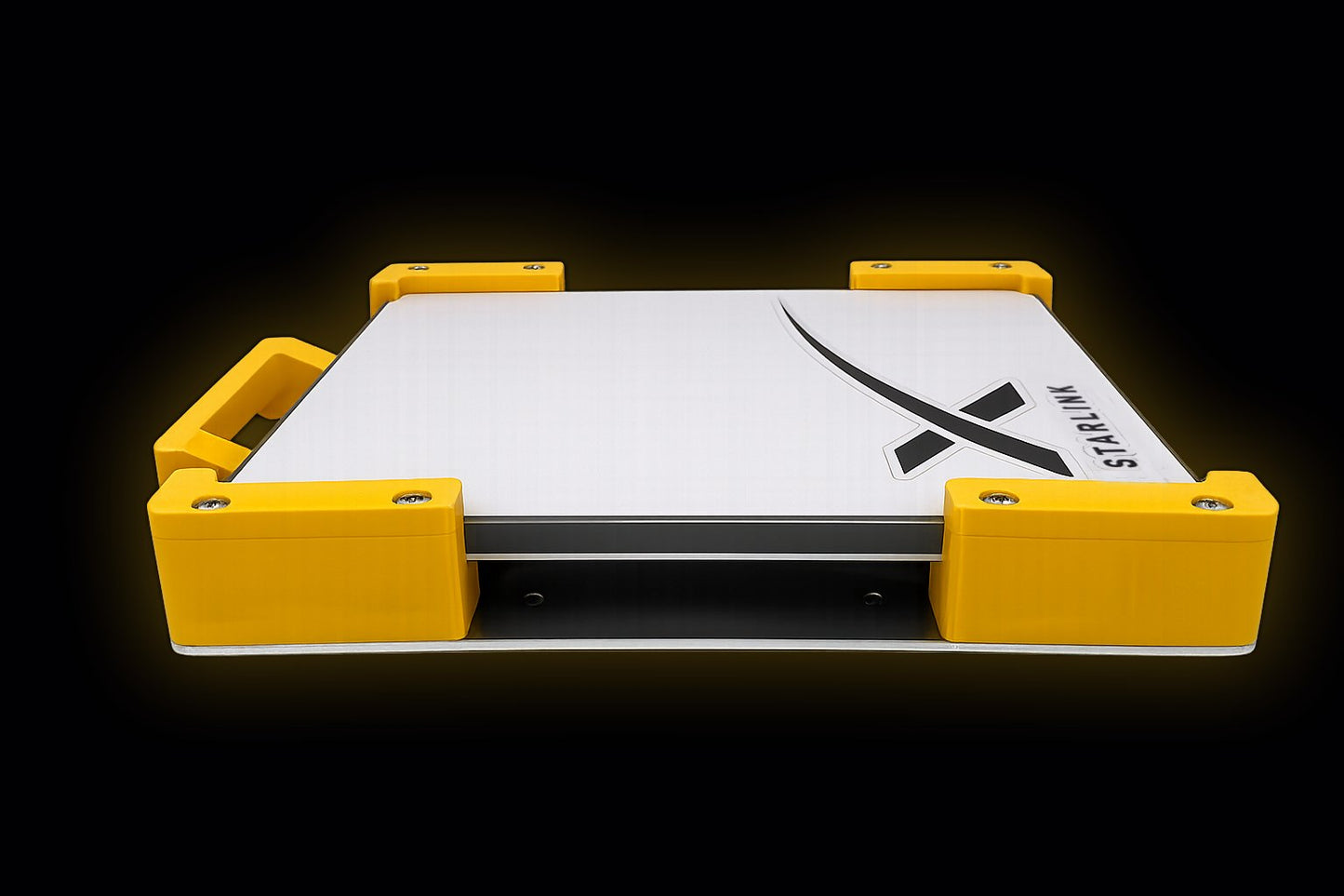 Yellow Starlink Mini mount low angle on black - showing the 3mm aluminium base, rubber-coated magnetic feet and carry handle by Dishy Mini Mounts