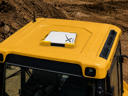 Yellow Starlink Mini mount fitted to the roof of a yellow machine cab on an earthmoving site - Dishy Mini Mounts high-vis machinery mount