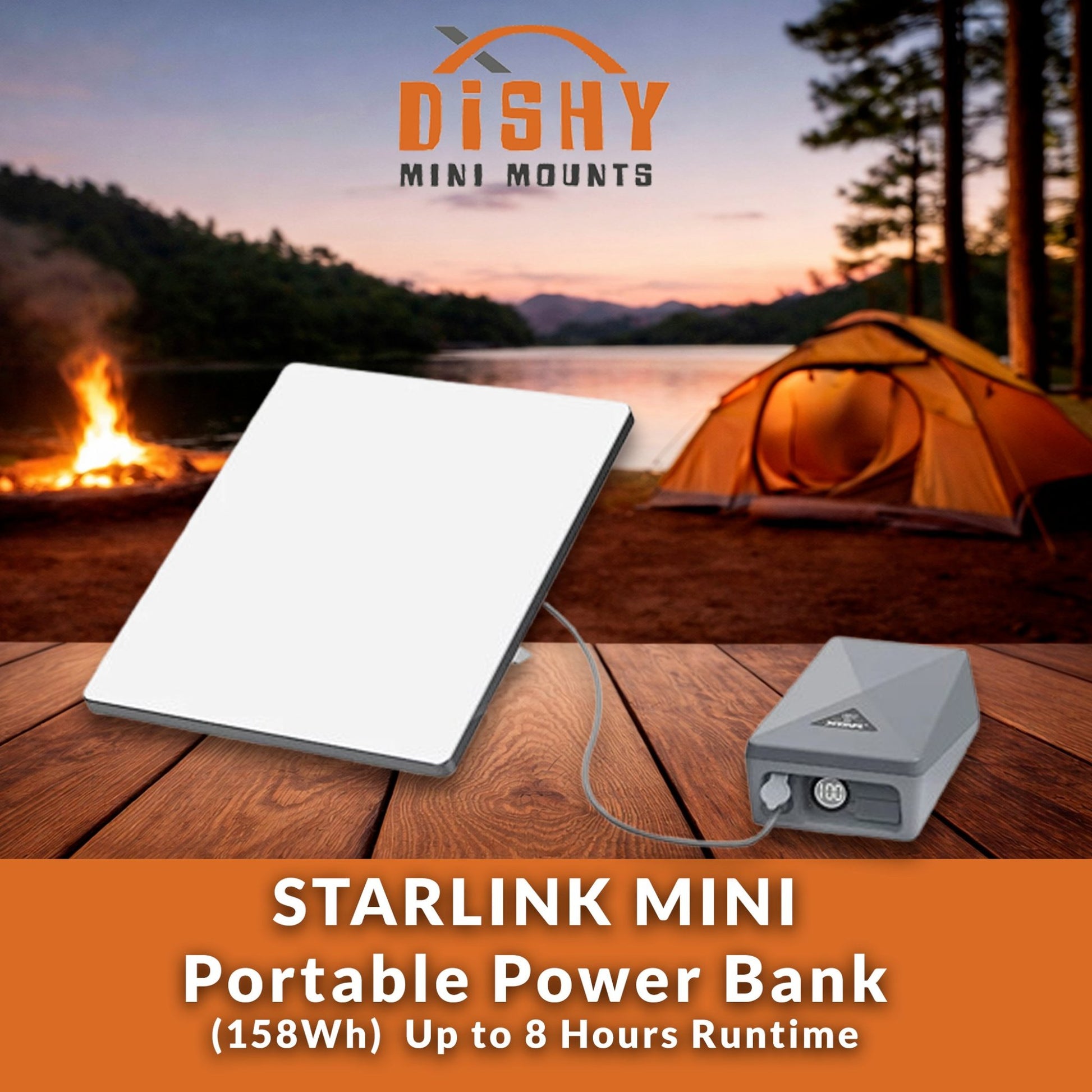 Starlink Mini powered by XTAR MP158 portable power bank 158Wh — DC5521 direct connection at campsite with up to 8 hours runtime by Dishy Mini Mounts