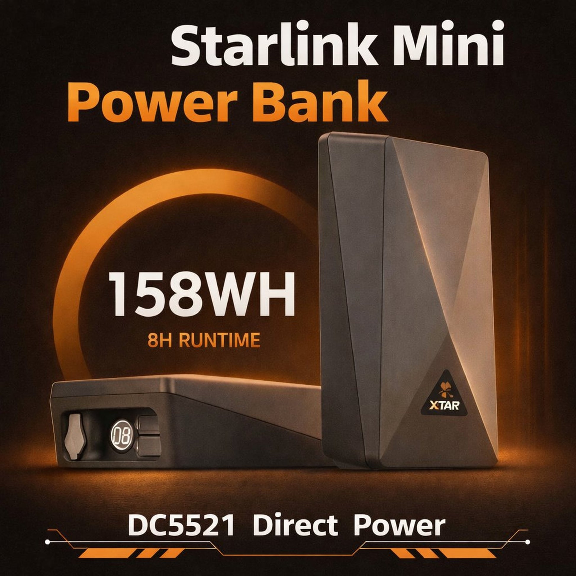 Starlink Mini power bank 158Wh with DC5521 direct power — 8 hours runtime portable off-grid satellite internet power by Dishy Mini Mounts