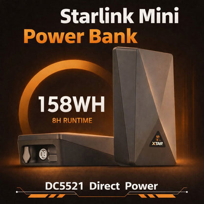 Starlink Mini power bank 158Wh with DC5521 direct power — 8 hours runtime portable off-grid satellite internet power by Dishy Mini Mounts