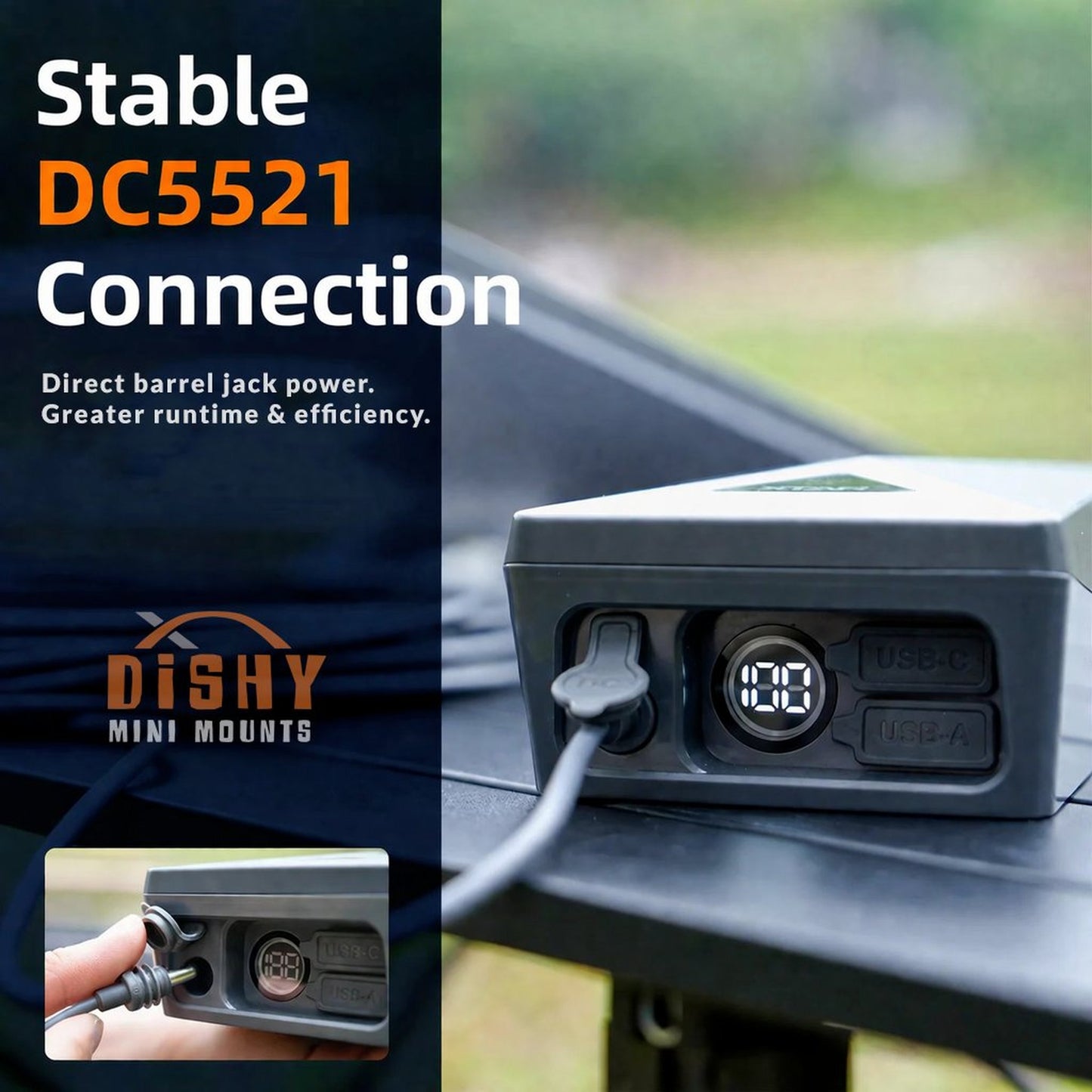 Stable DC5521 barrel jack connection on XTAR MP158 power bank for Starlink Mini — direct power with greater runtime and efficiency by Dishy Mini Mounts