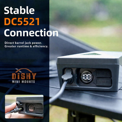 Stable DC5521 barrel jack connection on XTAR MP158 power bank for Starlink Mini — direct power with greater runtime and efficiency by Dishy Mini Mounts