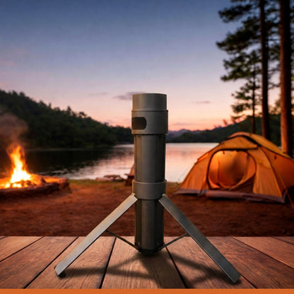 Starlink Mini tripod power bank standing at a campsite - tripod stand and 166Wh battery in a single unit by Dishy Mini Mounts