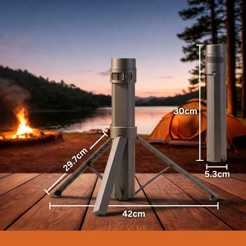 Starlink Mini tripod power bank dimensions - 305mm deployed height, 420mm leg span, 297mm legs, folds down to 300 x 53mm
