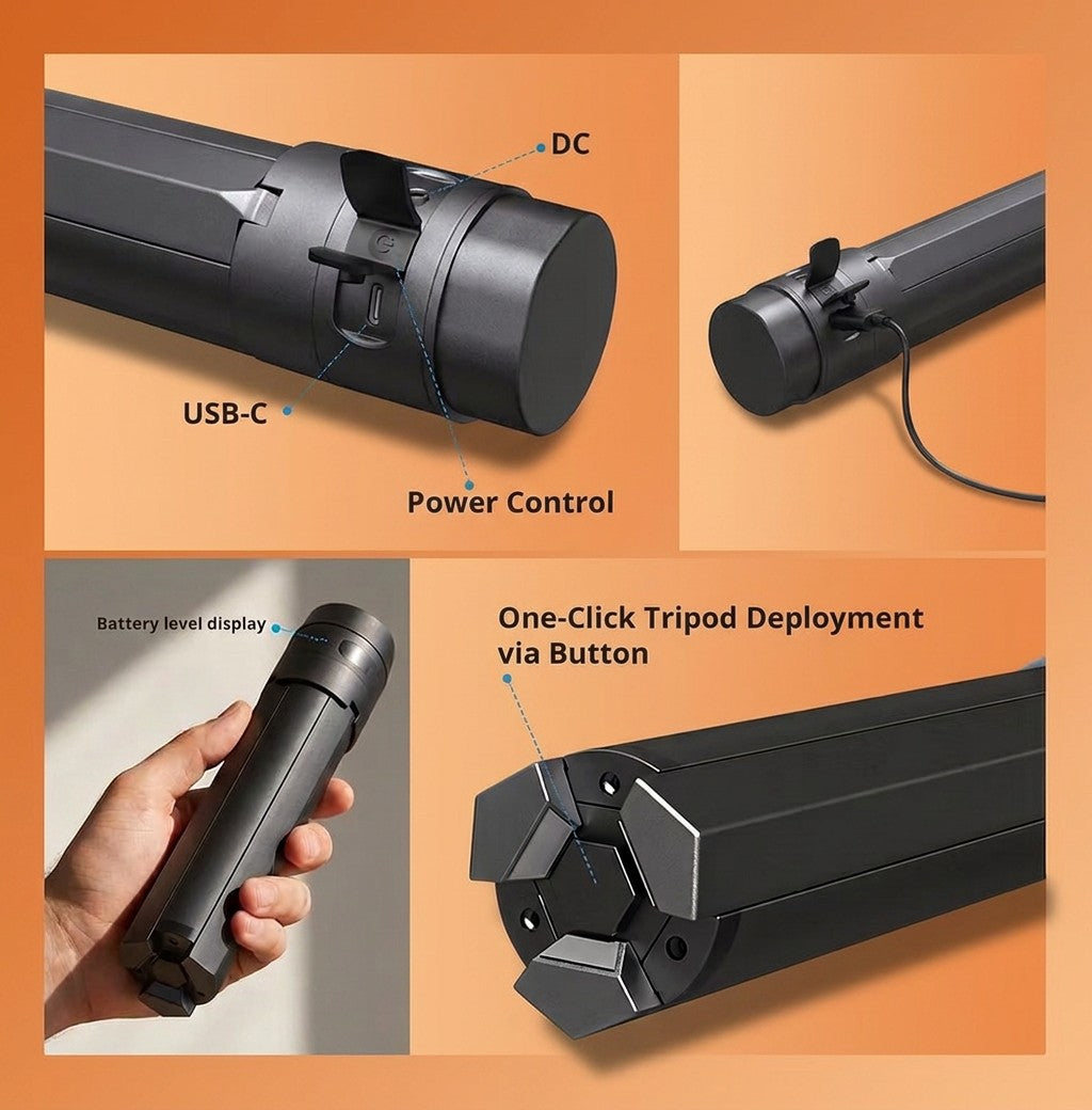 Starlink Mini tripod power bank detail - 30V DC output, USB-C port, power button, battery level display and one-click leg deployment button