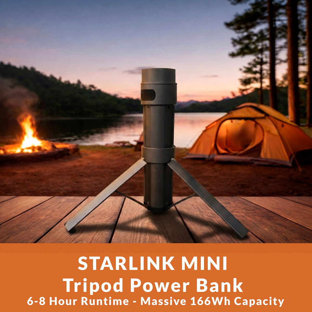 Starlink Mini mounted on the Dishy Mini Mounts tripod power bank at a campsite - stand and 166Wh battery in a single unit