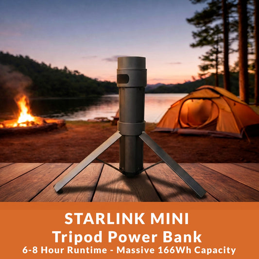 Starlink Mini mounted on the Dishy Mini Mounts tripod power bank at a campsite - stand and 166Wh battery in a single unit