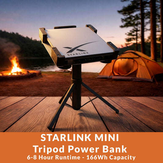 Starlink Mini tripod power bank standing with legs extended - 166Wh battery built into the centre column
