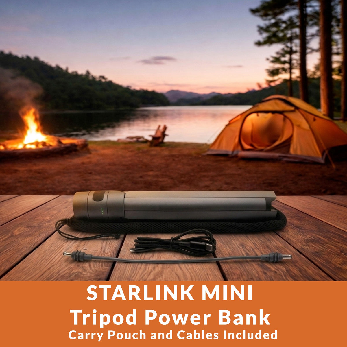 Starlink Mini tripod power bank folded flat with the mesh carry pouch, DC lead and USB-C charging cable included in the box